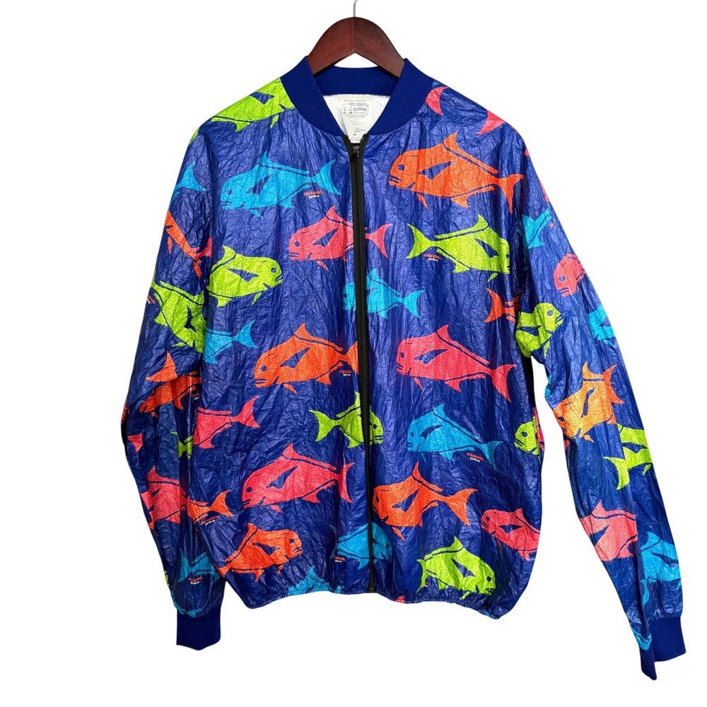 Bob Chinn's Crab House Tyvek Jacket Vintage Neon Fish Print Bomber XL